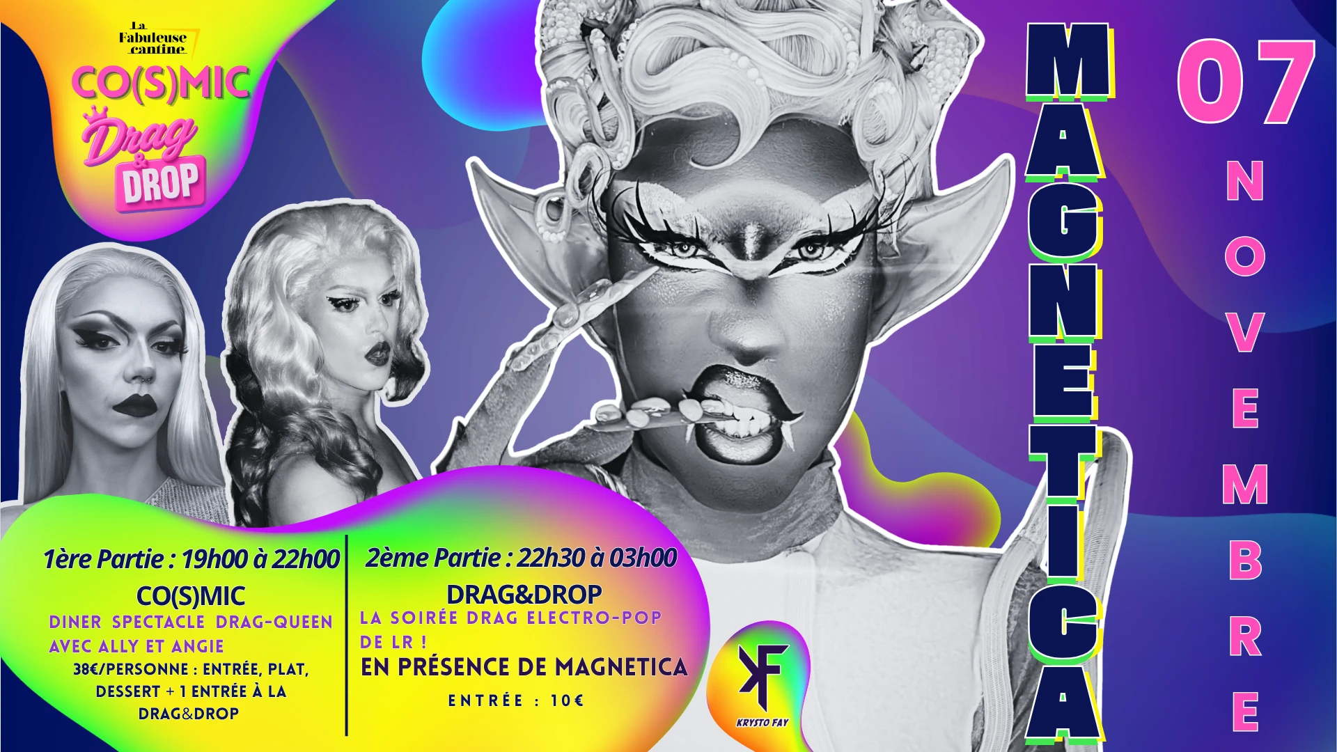 Le 7 novembre, rendez-vous pour le tout premier crossover de Co(s)mic et Drag&Drop à la Fabuleuse Cantine. Une soirée entre drag et électro à ne pas manquer. Prends ta place sans attendre 🎟️