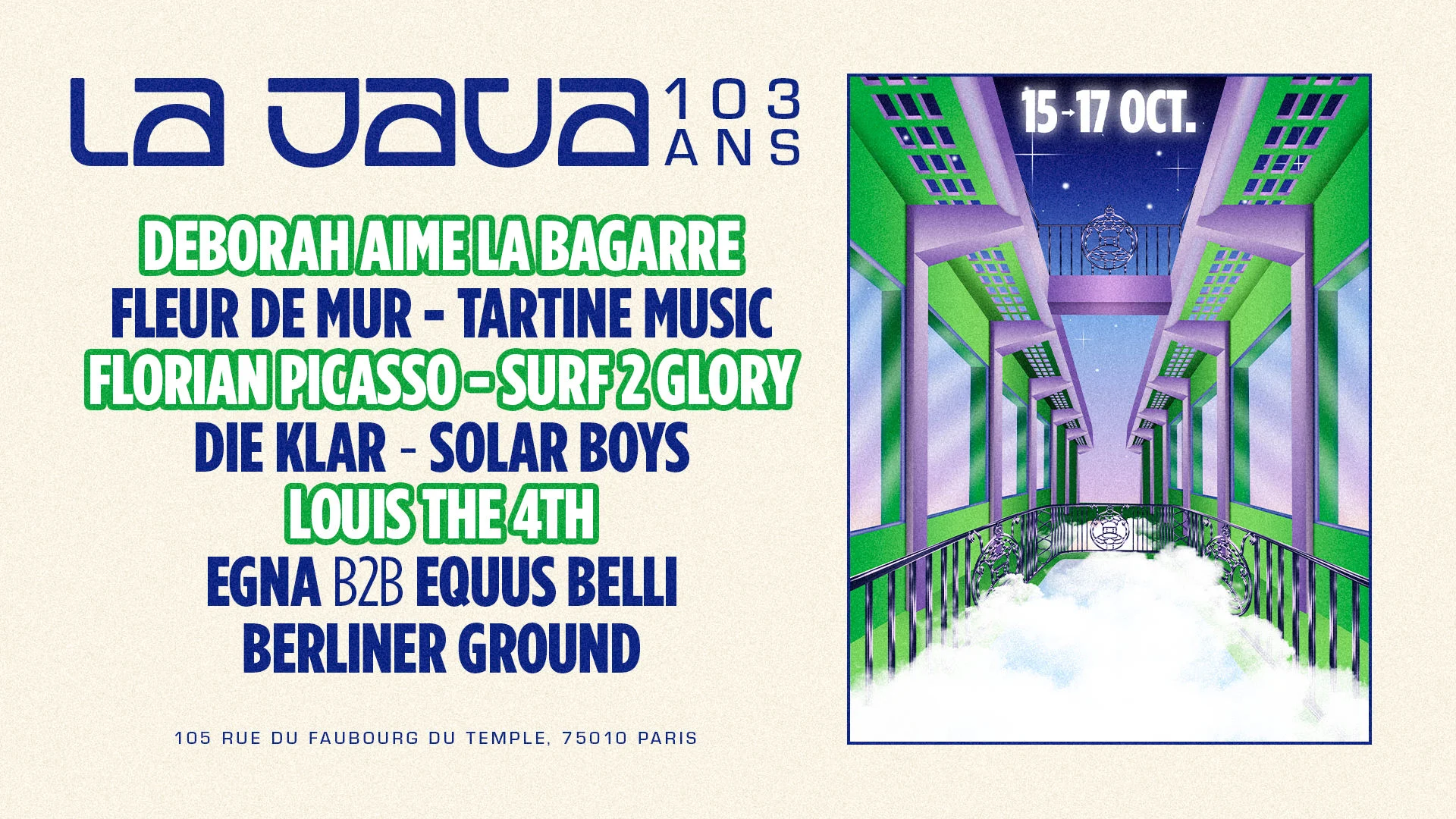 🥳 La Java fête ses 103 ans du 15 au 17 octobre ! 3 nuits, 3 ambiances entre techno, trance et French Touch. Prends ta place et viens célébrer plus d’un siècle de fête, de partage et de danse 🎟️