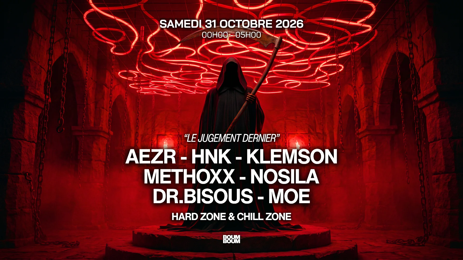 🩸 Pour Halloween, le Boum Boum prépare une nuit sans fin 100 % hard techno avec AEZR, HNK et KLEMSON, prêts à retourner Montpellier. Prépare ton meilleur costume et viens danser jusqu’au bout de la nuit. Places dispos 🎟️