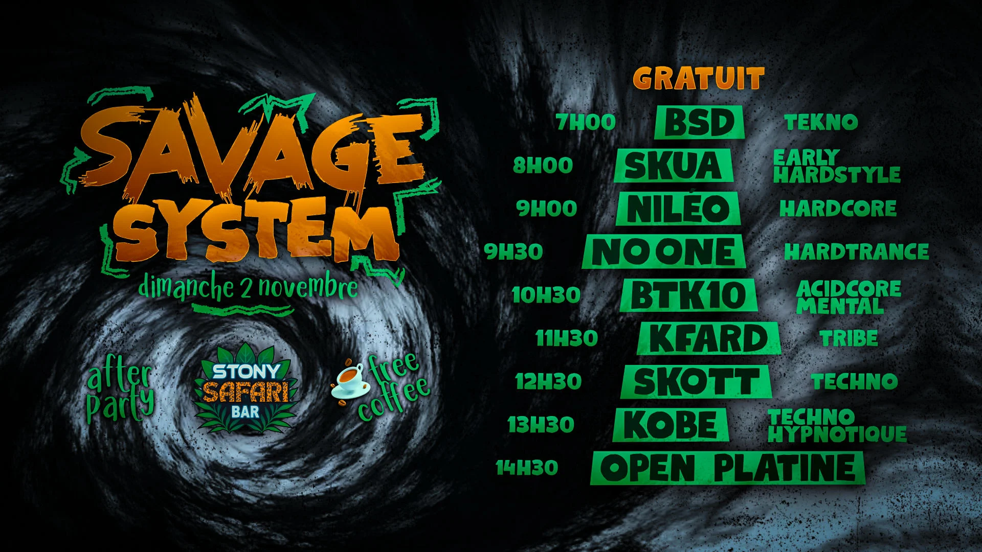 Savage System - Free After & Coffee, Open Platine, 8 Djs