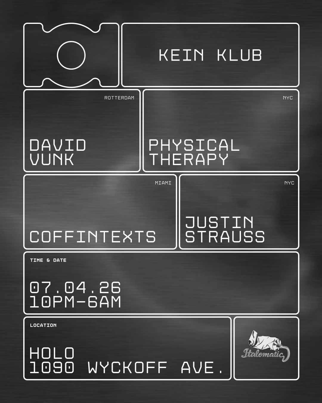Kein Klub: David Vunk, Physical Therapy, Coffintexts ++
