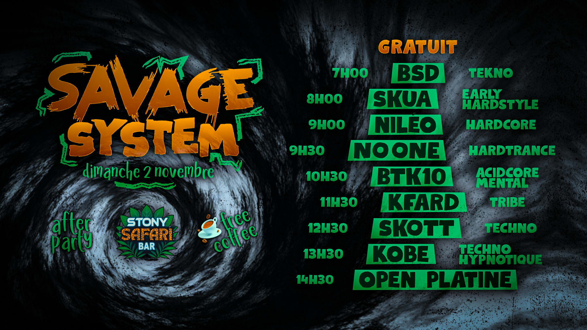 Savage System - Free After & Coffee, Open Platine, 8 Djs